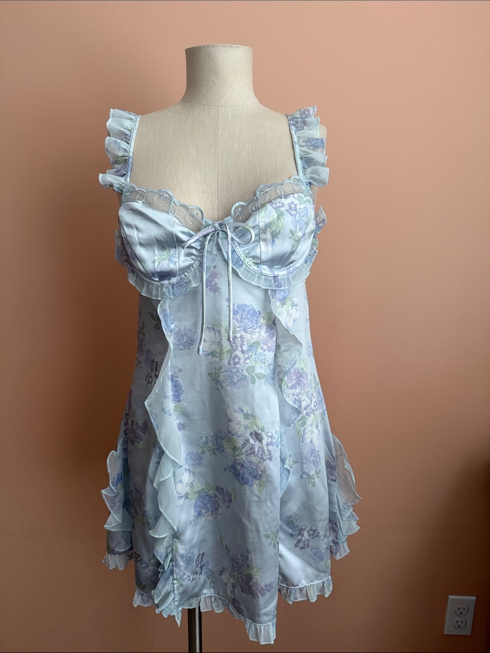 For Love & Lemons Marisa Pale Blue Floral Ruffle Mini Dress Satin Chiffon NWOT